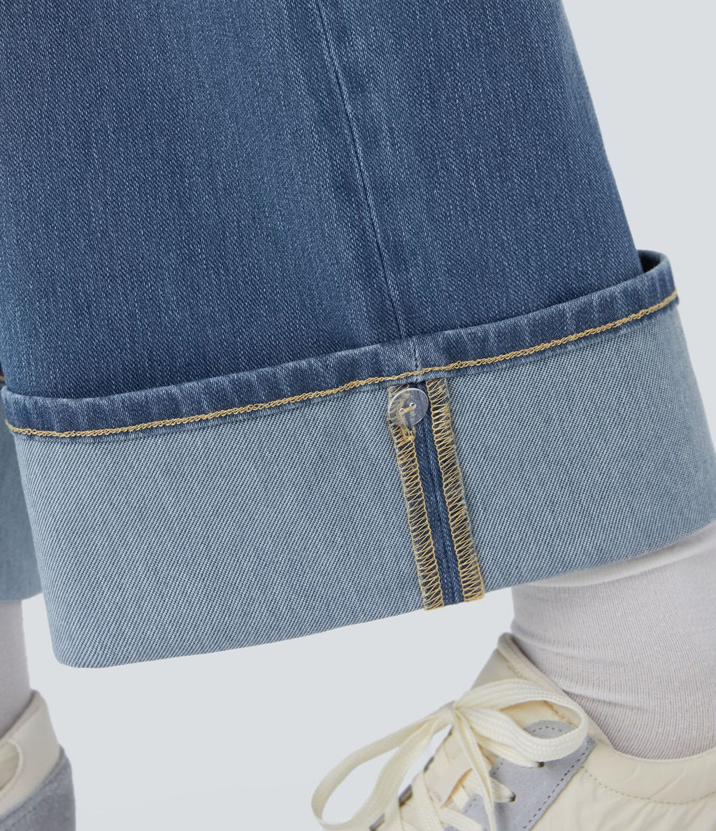 Jean décontracté Halara Flex™ taille haute jambes larges avec poches multiples et ourlet ajustable, en maille extensible effet délavé