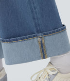 Jean décontracté Halara Flex™ taille haute jambes larges avec poches multiples et ourlet ajustable, en maille extensible effet délavé