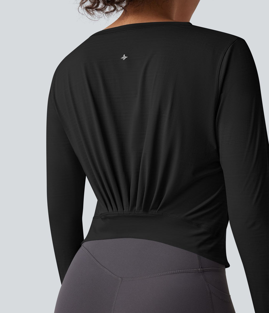 Haut de sport yoga col rond à manches longues avec détails plissés et poche