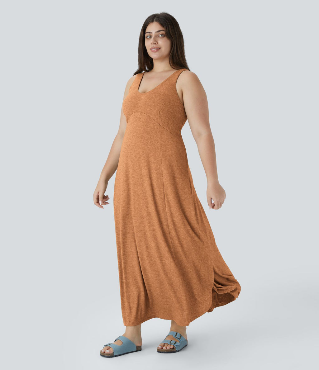 Robe Maxi Casual Grande Taille à Col U Sans Dos Fendue et Fluide