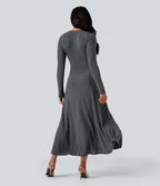 Robe longue fluide maille côtelée col henley manches longues