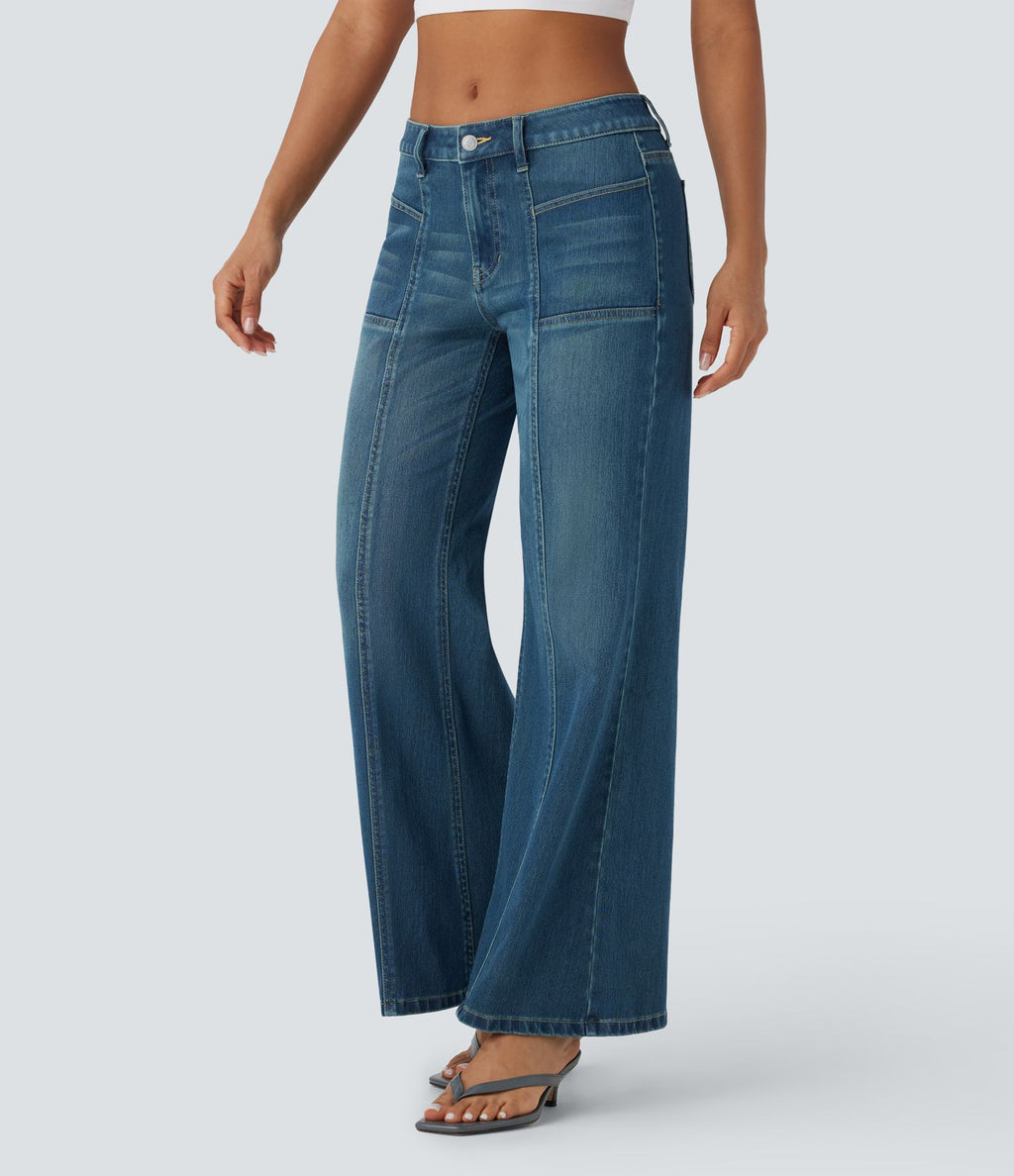 Jean bootcut délavé Halara Flex™ taille basse à poches multiples et fermeture zippée