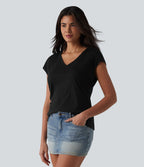 T-shirt casual jacquard col V à manches courtes