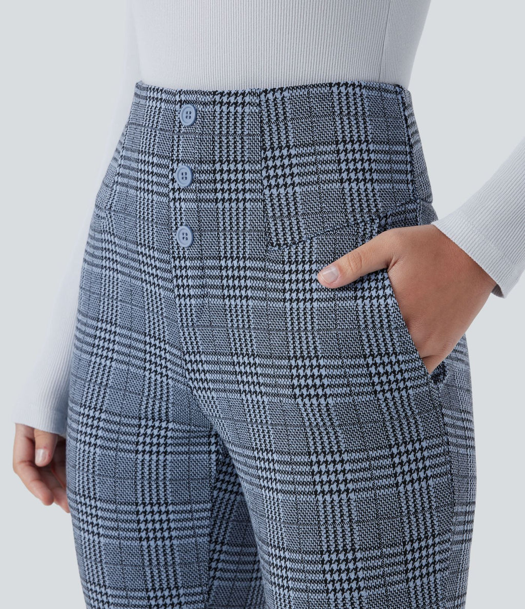 Halara Flex™ Pantalon tailleur Cintrés à Taille Haute avec Boutons Décoratifs Poches Latérales et Imprimé Pied-de-Poule