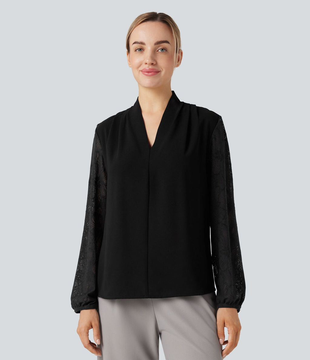 Blouse col V manches longues dentelle contrastante