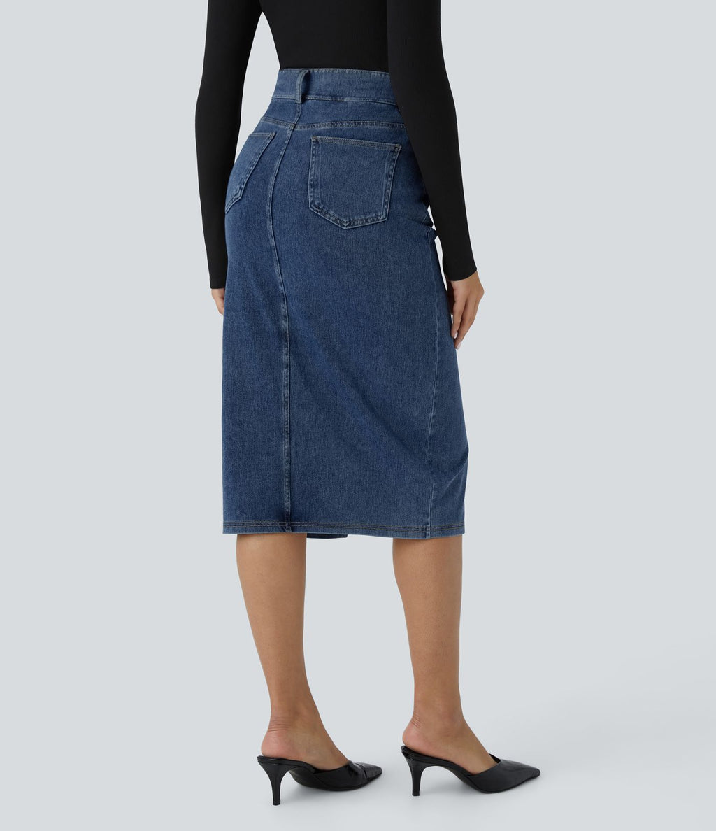 Halara Flex™ Jupe en Jean Midi Casual Tricot Extensible Taille Haute Poches Multiples