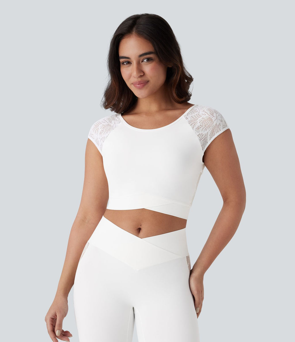 Softlyzero™ Haut de sport de yoga court dos nu avec dentelle contrastée et ourlet croisé-UPF50+