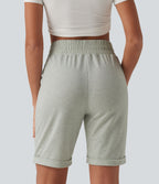 Short sweat décontracté taille haute à ourlet roulé avec poches