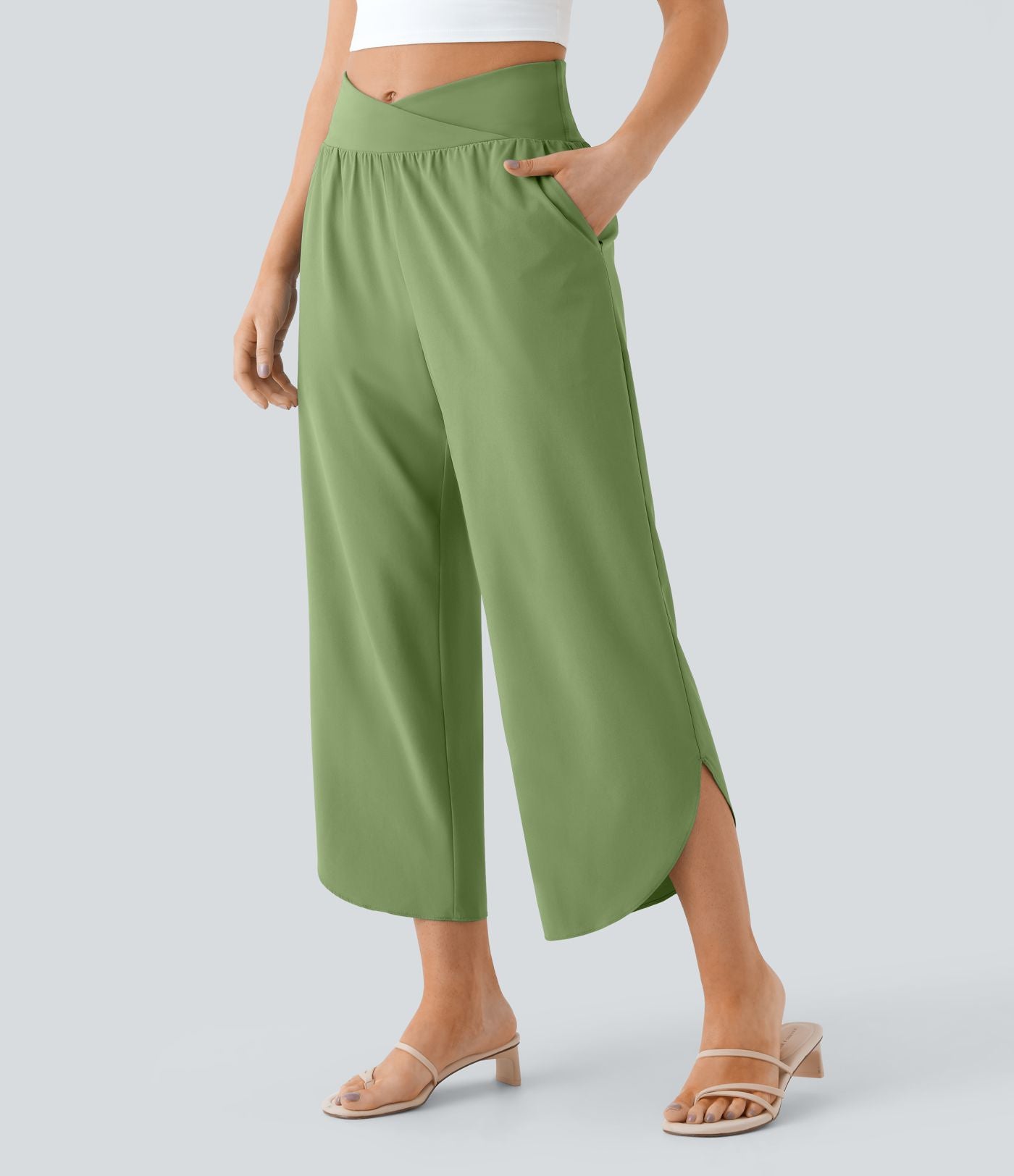 Breezeful™ Pantalon Fluide Vacances Séchage Rapide Taille Haute Croisée Poches Latérales Plissées Fente