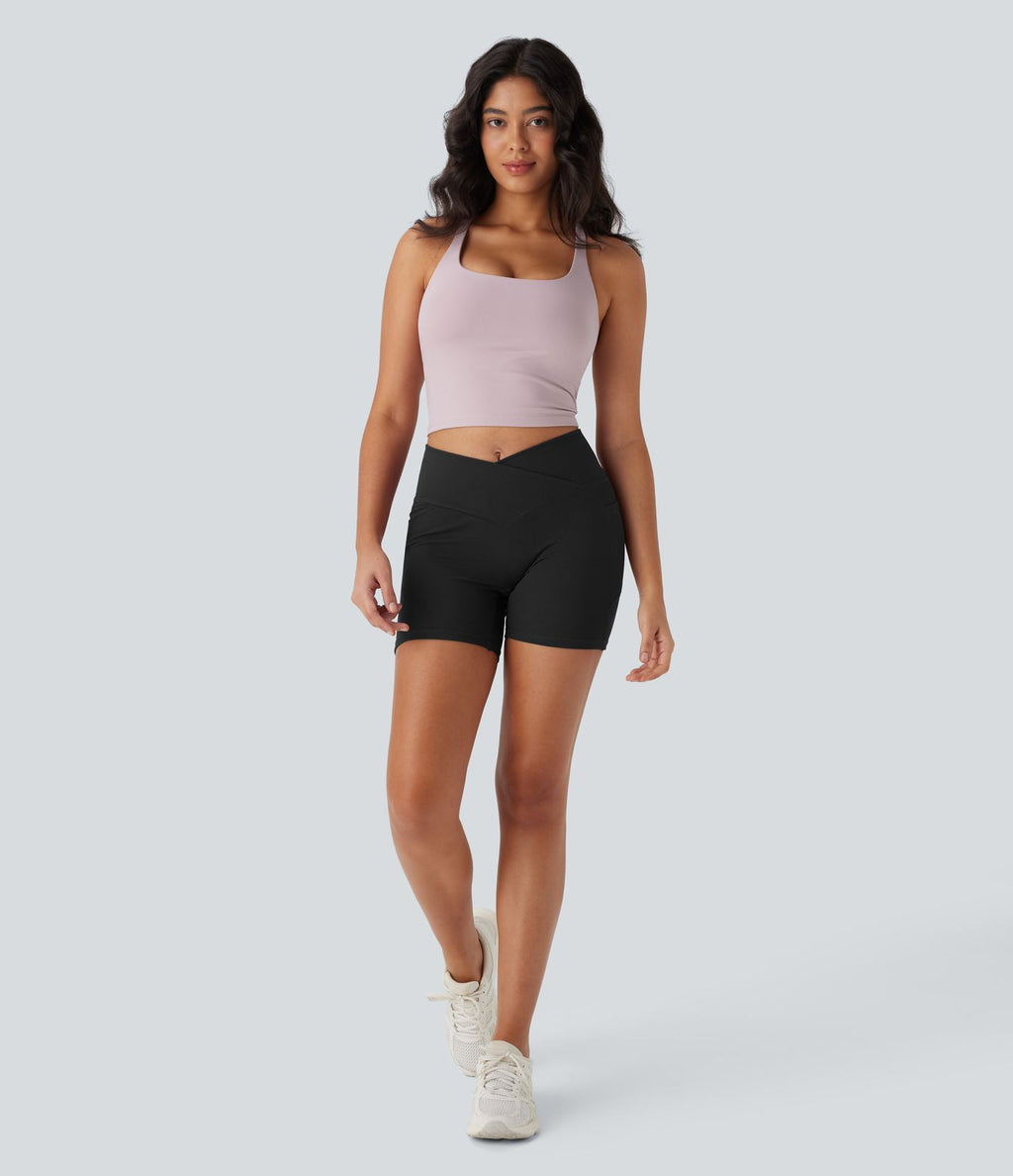 Short de yoga gaufré à taille haute croisée avec poches latérales 12,5 cm
