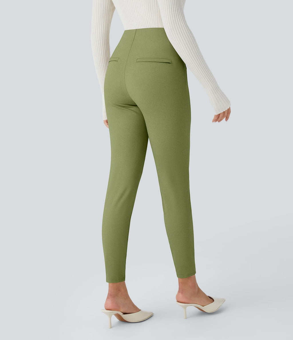Pantalon tailleur skinny gainant taille haute à chevrons avec poches arrière zippées décoratives