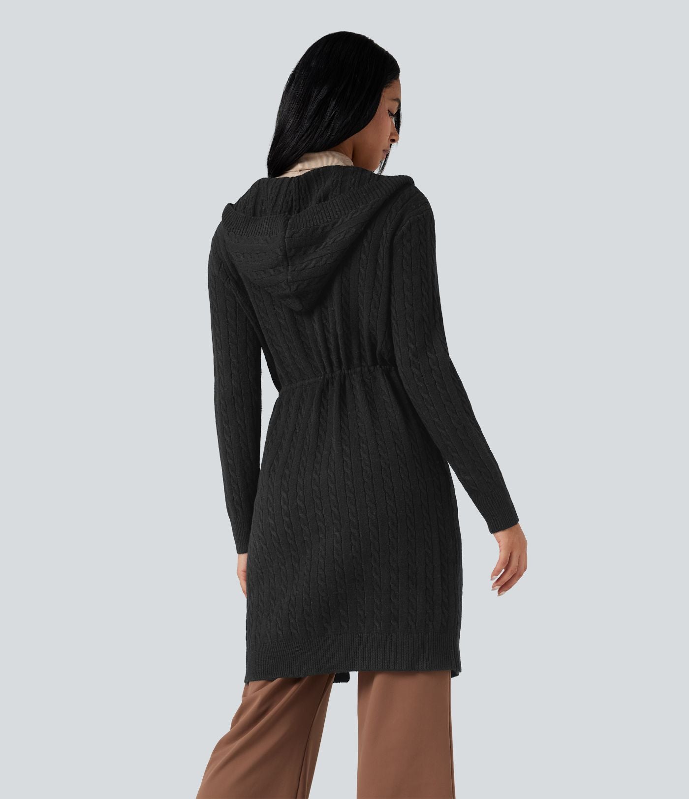 Cardigan long à capuche cordon de serrage manches longues