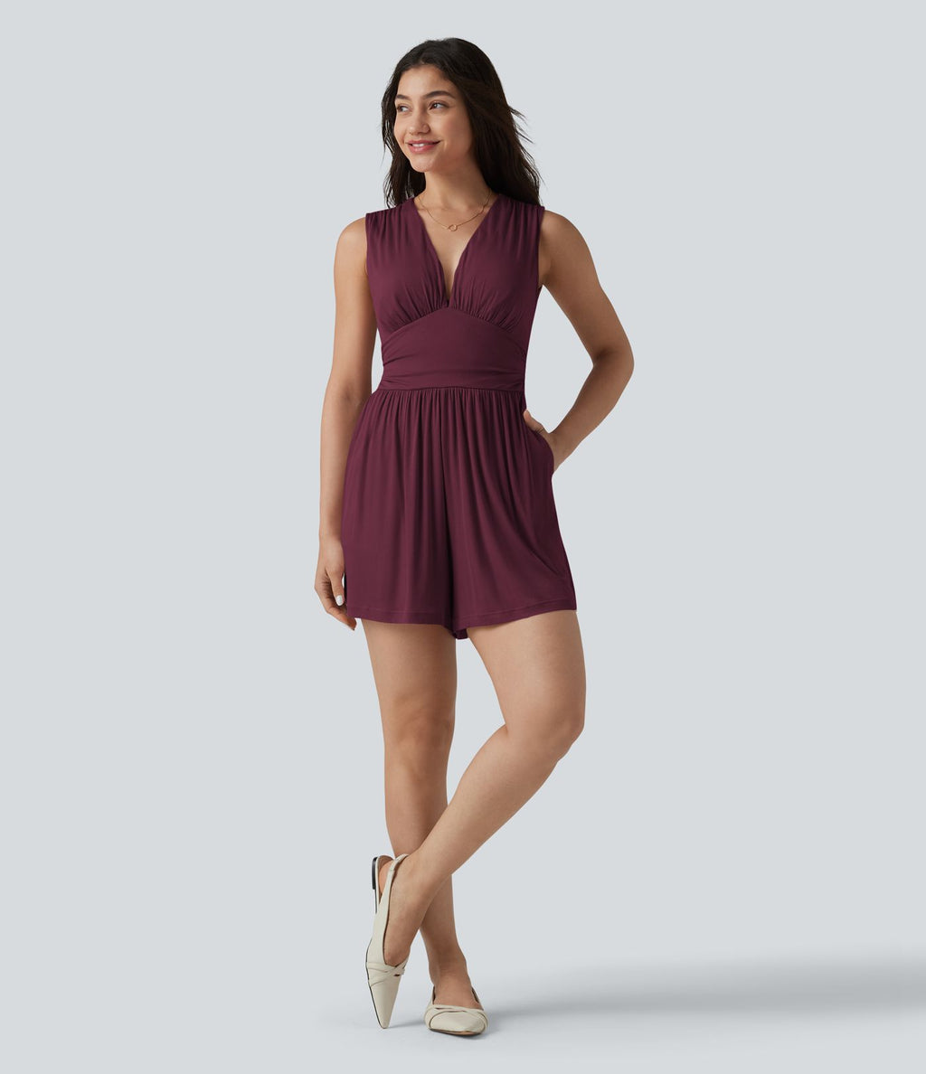 Combishort casual côtelé sans manches col V, fronces et soutien-gorge intégré, avec poches – Easy Peasy
