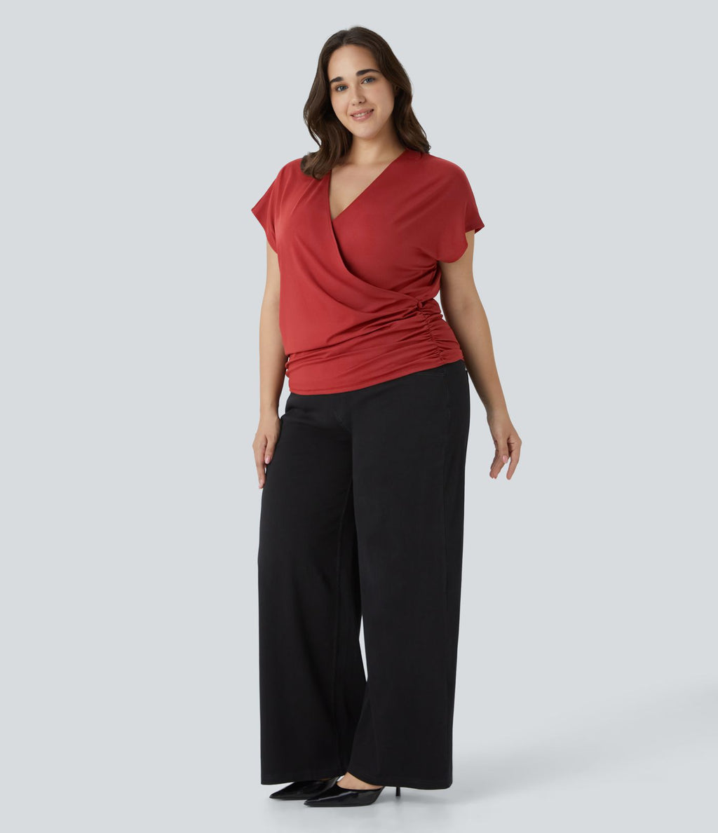 Blouse Travail Unie Froncée Croisée Manches Courtes Col en V Grande Taille