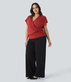 Blouse Travail Unie Froncée Croisée Manches Courtes Col en V Grande Taille