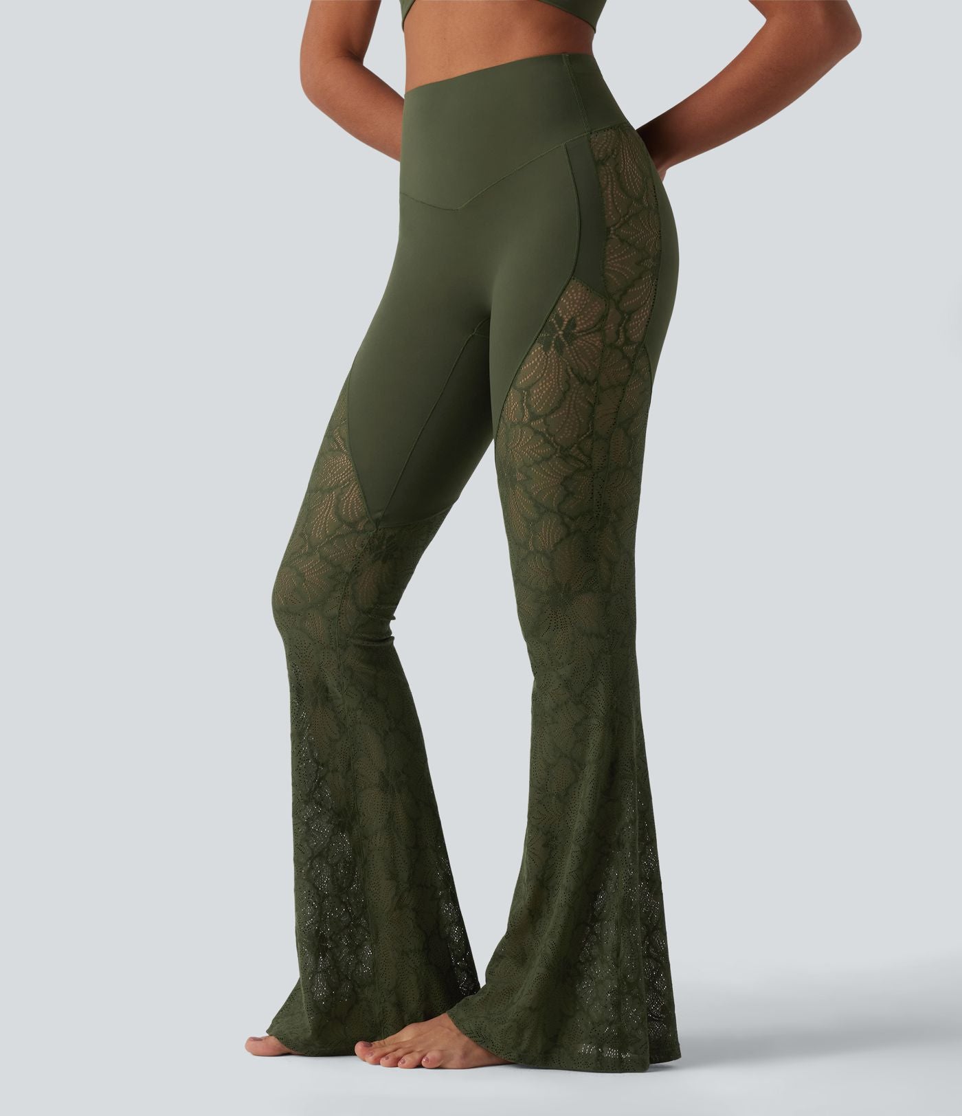 Pantalon de yoga évasé gainant taille haute avec dentelle contrastée et poche Halara UltraSculpt™