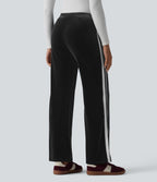 Pantalon évasé en velours taille basse color block à rayures avec poches