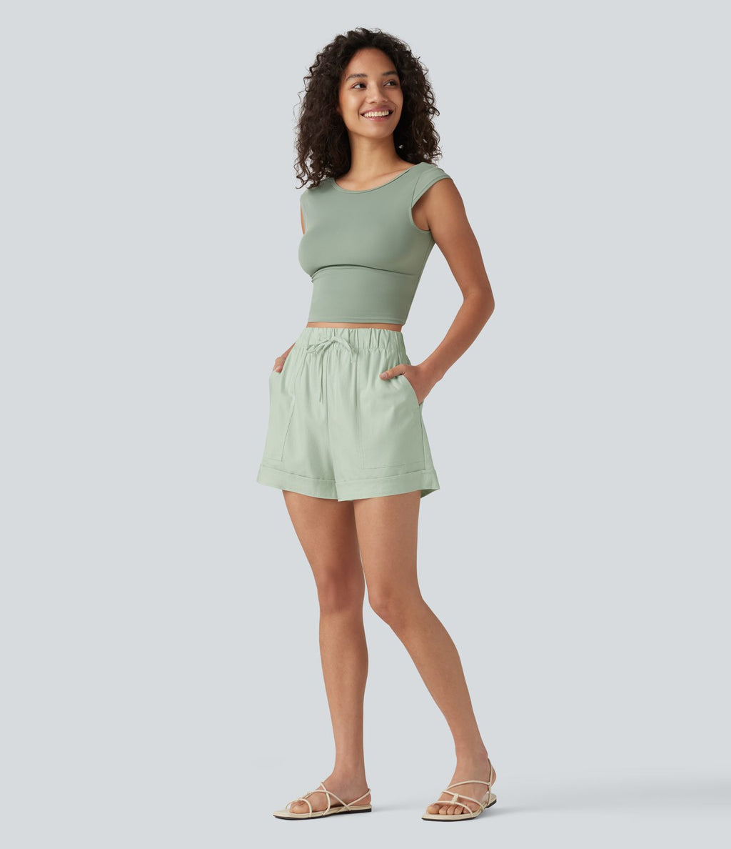 Short ample décontracté taille haute en coton et lin, cordon de serrage, ourlet retroussé et poches