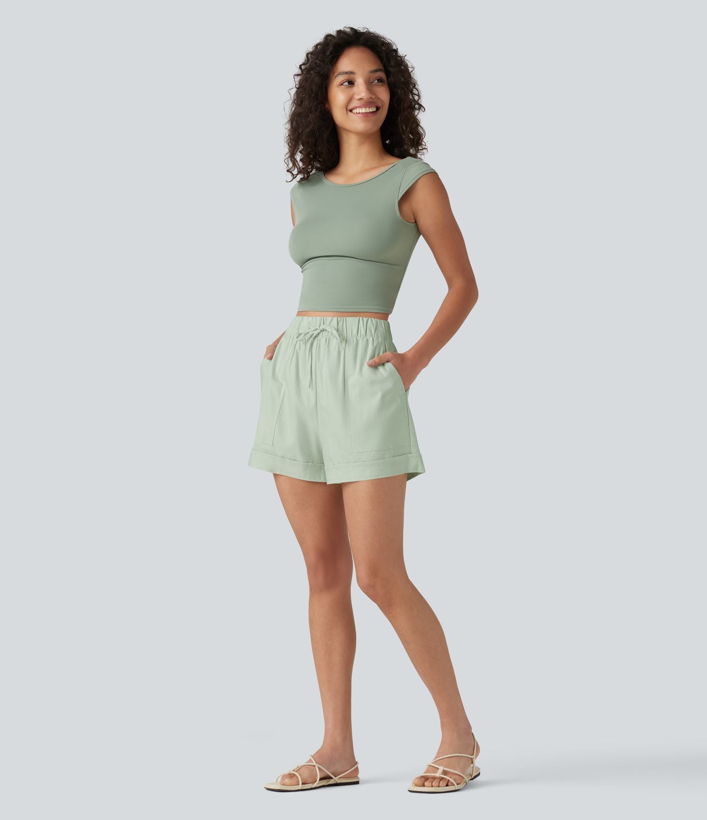 Short ample décontracté taille haute en coton et lin, cordon de serrage, ourlet retroussé et poches