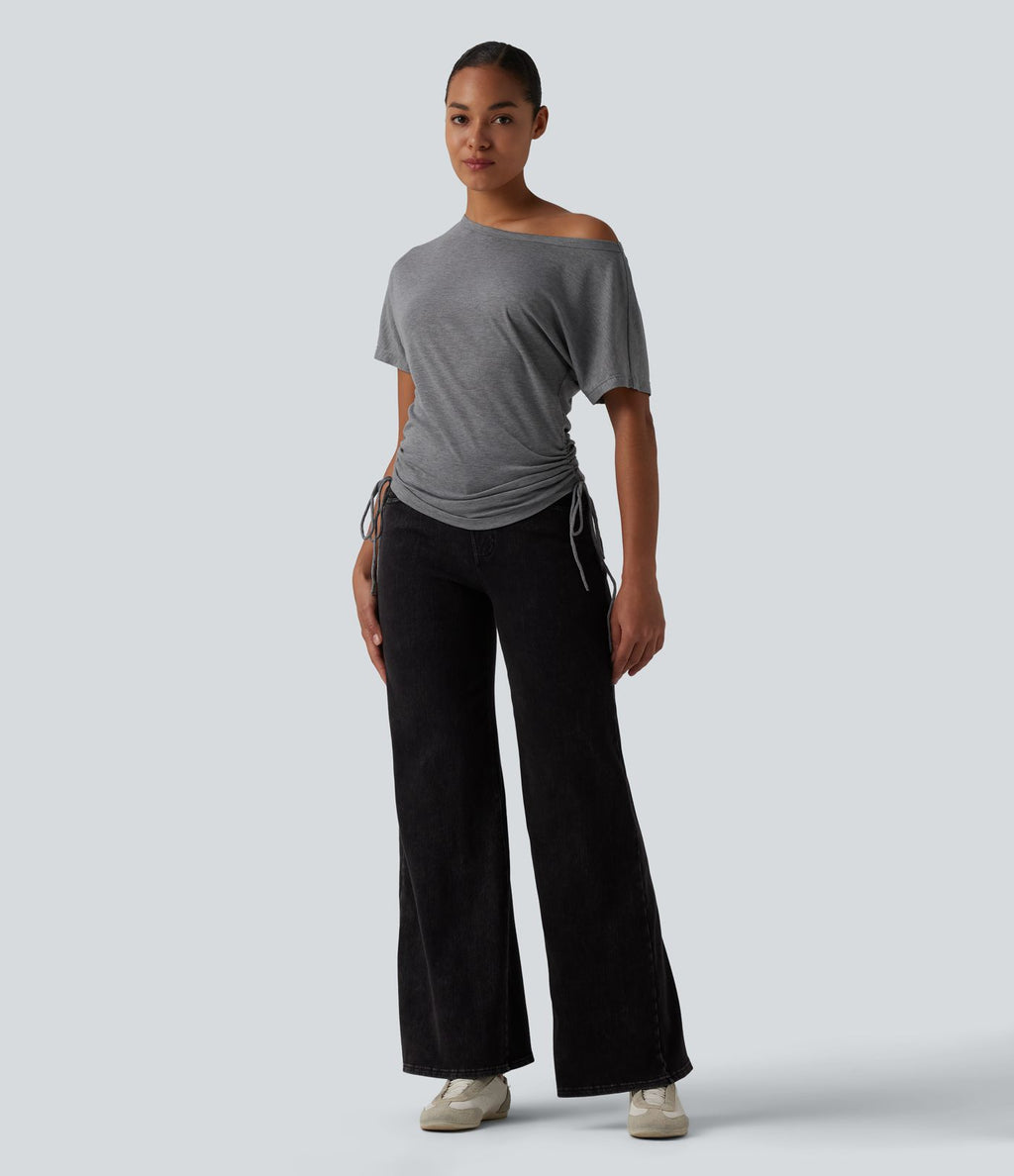 T-shirt décontracté asymétrique manches courtes avec cordon de serrage mélange laine