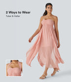 Robe de Vacances Maxi Fluide à Dos Nu en Tube avec Dos Lacé et Volants Drapés