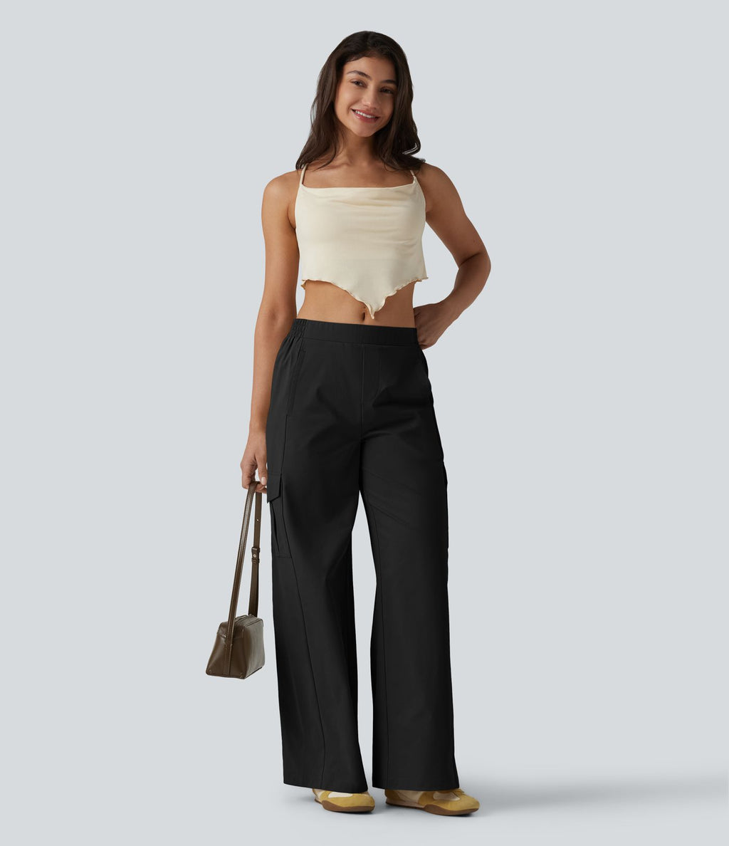 Pantalon cargo décontracté en popeline stretch taille mi-haute, coupe jambe large avec poches