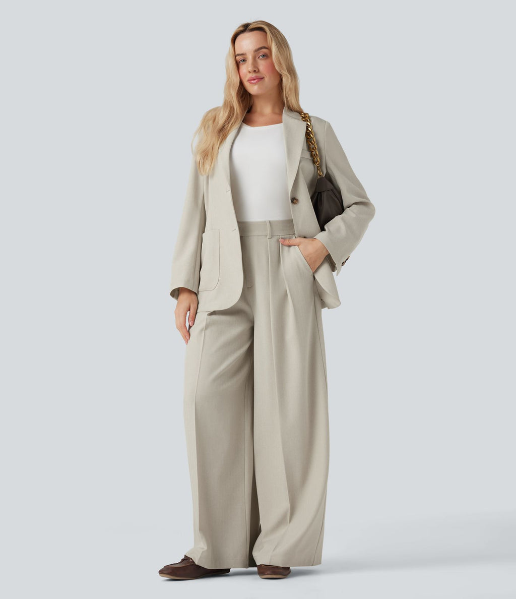 Pantalon tailleur anti-froissement aspect lin taille haute jambe large avec poches