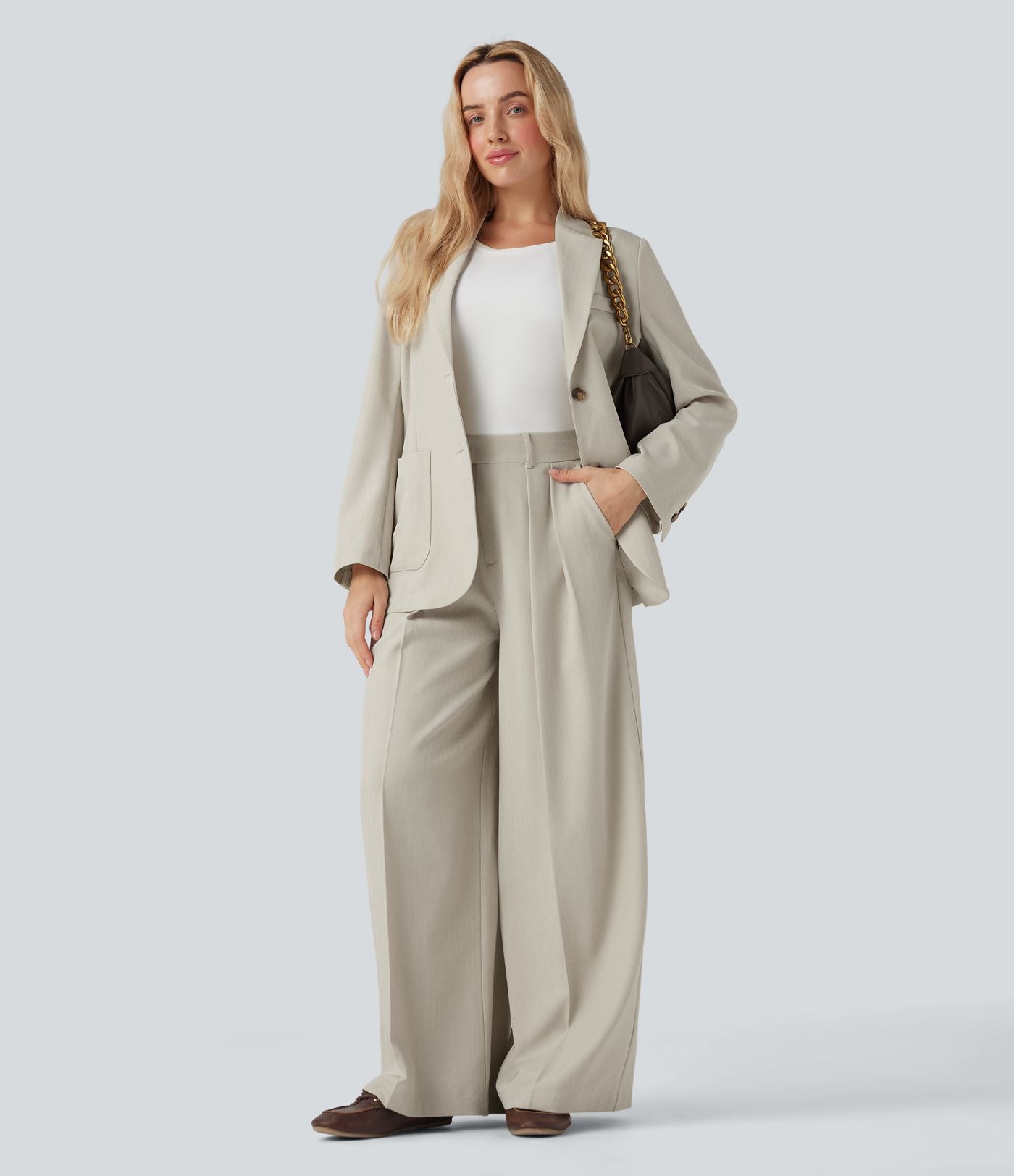 Pantalon tailleur anti-froissement aspect lin taille haute jambe large avec poches