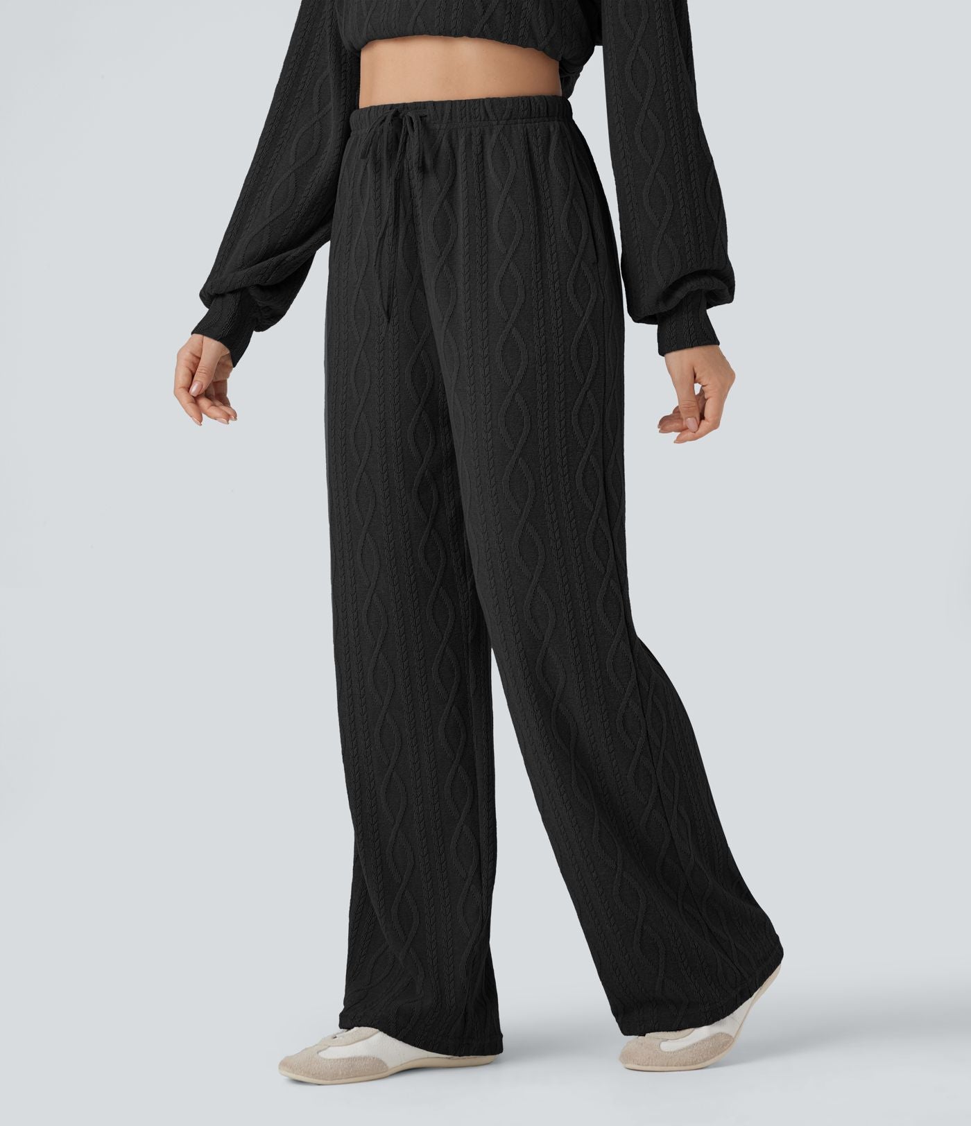 Pantalon décontracté taille haute maille torsadée avec cordon de serrage et poches