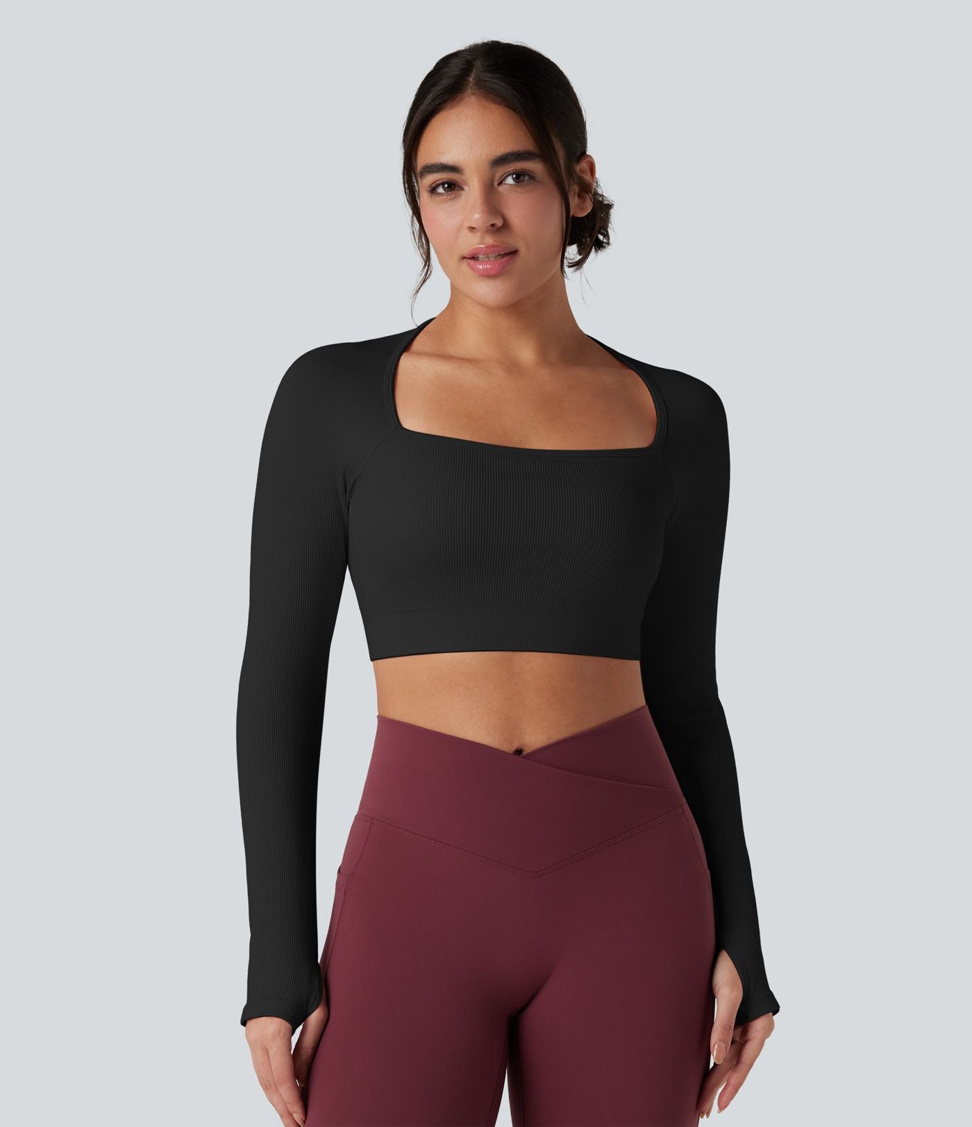 Haut de sport yoga court à manches longues avec passants pouces sans couture Seamless Flow