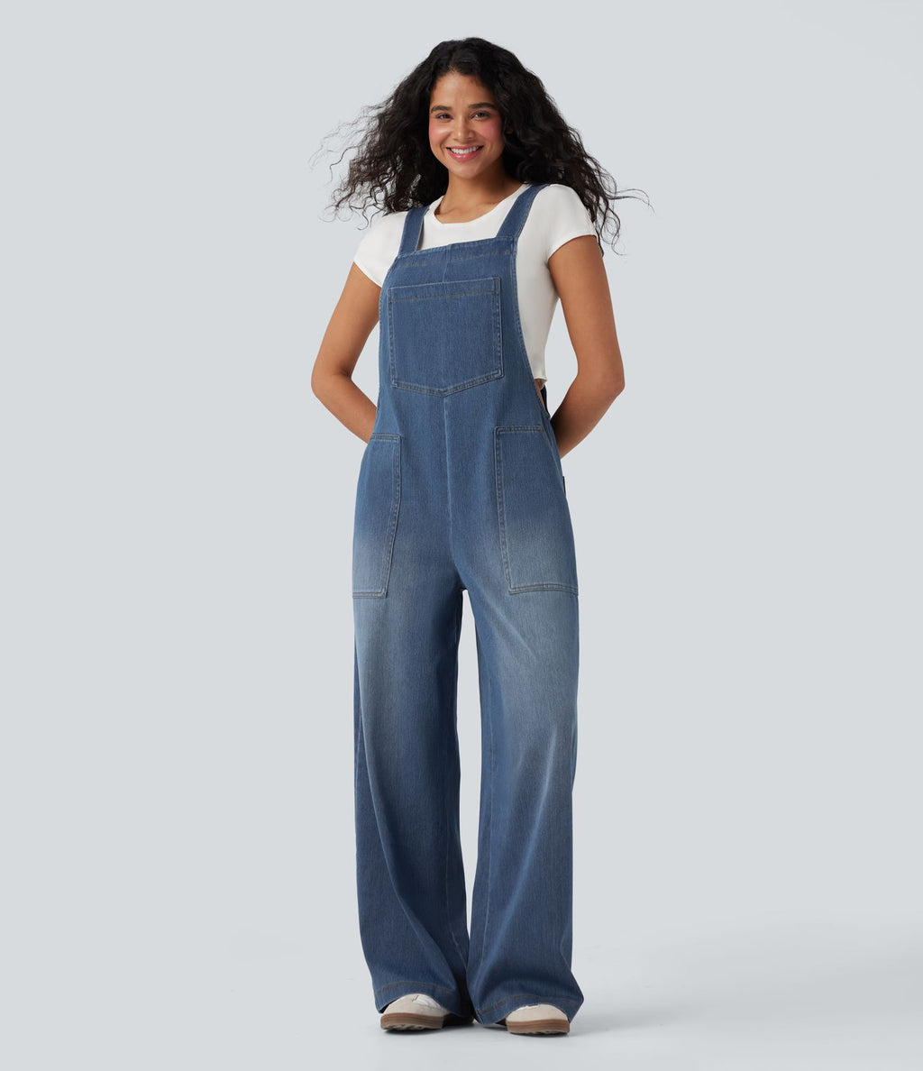 Salopette denim Halara Flex™ col carré effet délavé avec poches