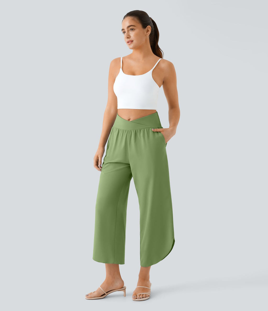 Breezeful™ Pantalon Fluide Vacances Séchage Rapide Taille Haute Croisée Poches Latérales Plissées Fente