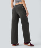 Halara Flex™ Jean large asymétrique taille basse avec bouton, fermeture éclair et poches multiples, délavé et extensible en maille