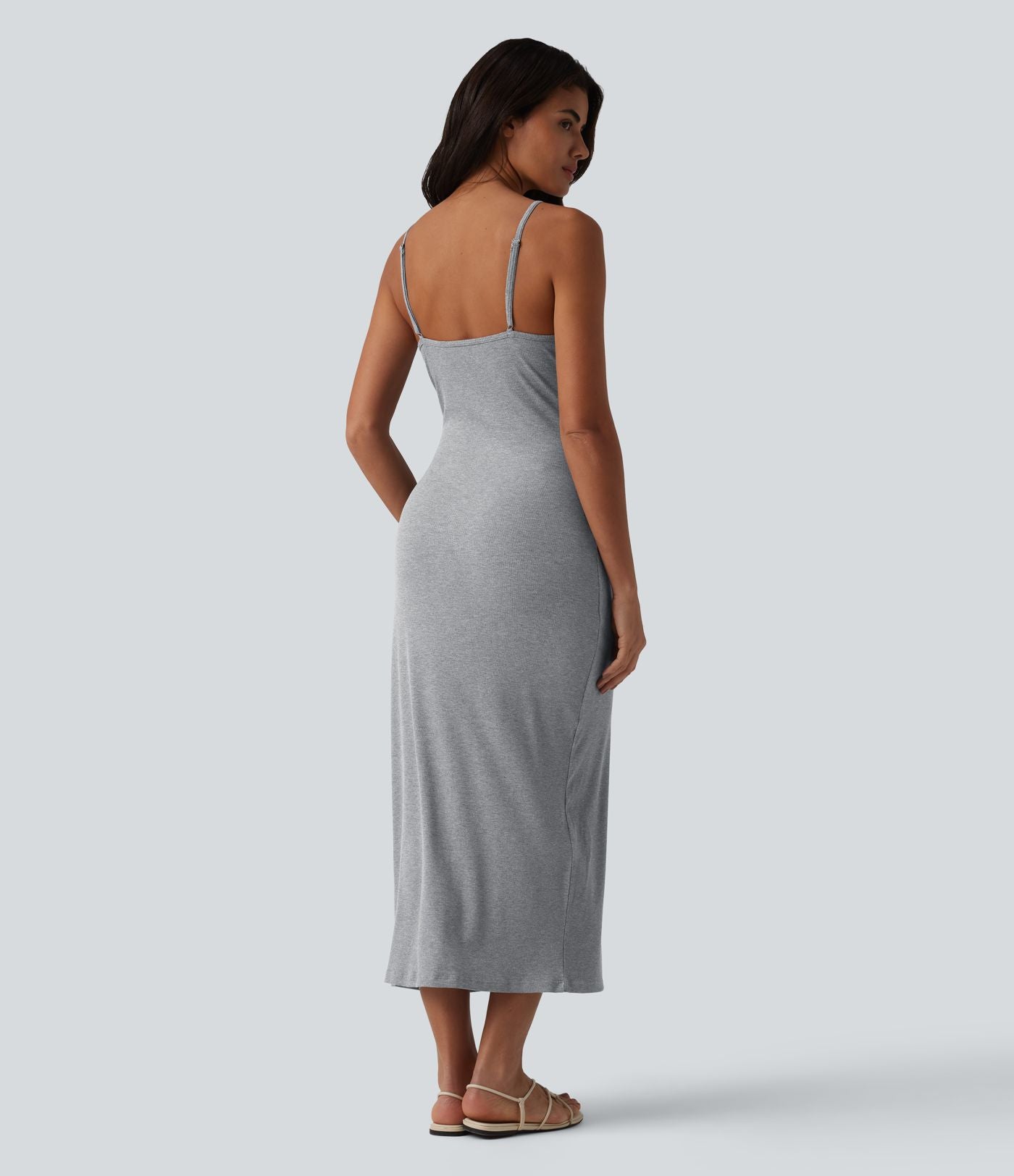 Robe nuisette casual midi moulante côtelée à bretelles réglables avec boutons décoratifs et fente