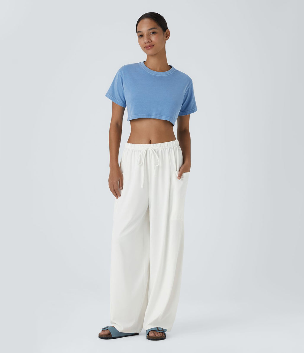 Pantalon Large Fluide Taille Mi-Haute Taille Élastique Cordon Poches Latérales Ourlet Flottant