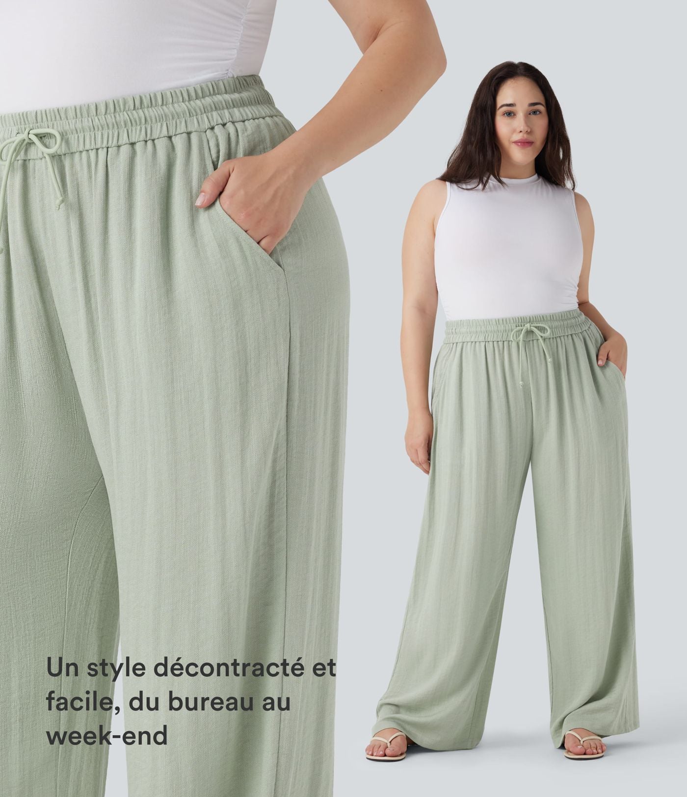 Pantalon décontracté grande taille large fluide taille haute effet lin avec cordon de serrage et poches