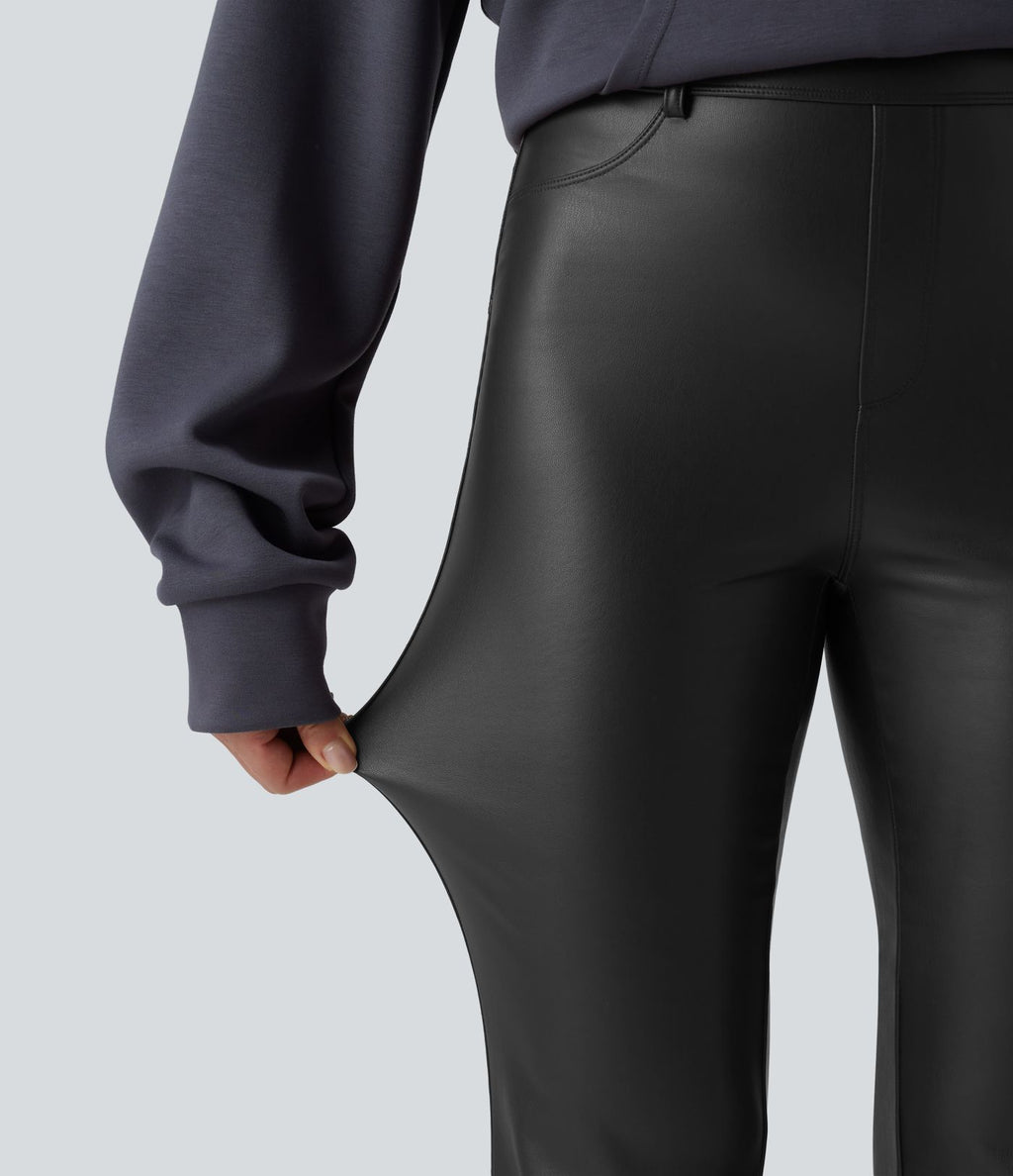 Pantalon évasé décontracté taille haute en tissu enduit doublé polaire extensible avec poches