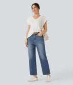 Jean 7/8 décontracté délavé taille haute coupe droite Halara Flex™ avec poches