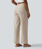 Pantalon taille haute coupe droite effet lin avec poches