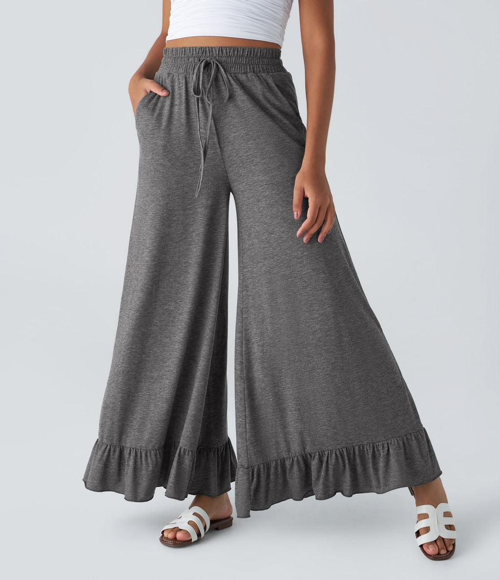 Pantalon Casual à Taille Haute avec Cordon De Serrage Poches Latérales et Volants Jambes Amples