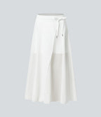 Jupe Casual Évasée Mesh Mi-Longue Fuide 2 en 1 Contrastée Taille Haute Cordon Poche Latérale