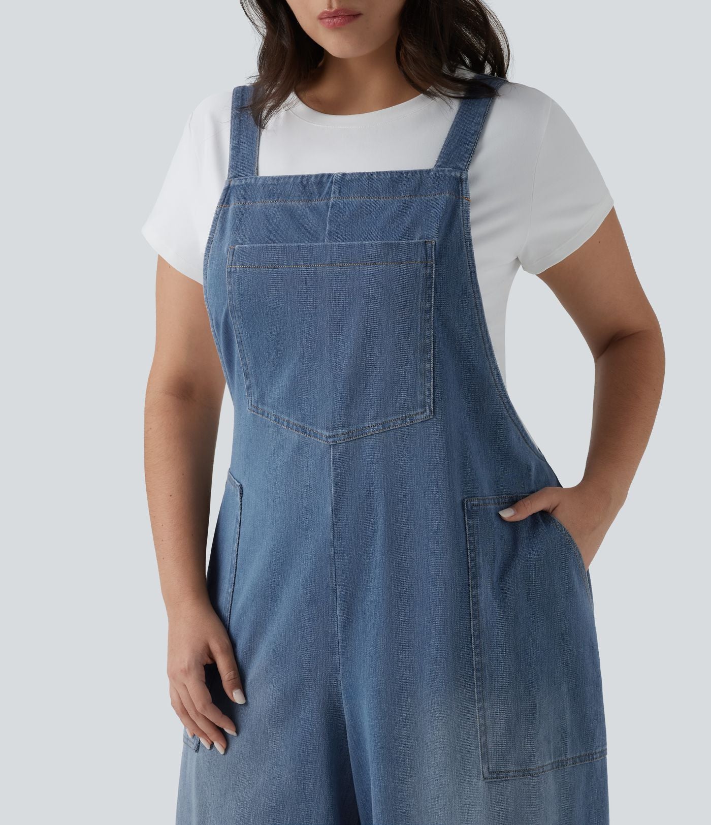 Grande taille Halara Flex™ Salopette casual en jean délavé col carré avec poches