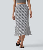 Jupe mi-longue casual à rayures taille haute avec poches