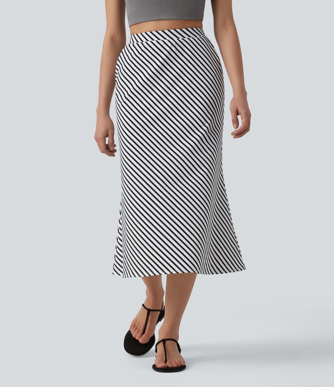 Jupe mi-longue casual à rayures taille haute avec poches