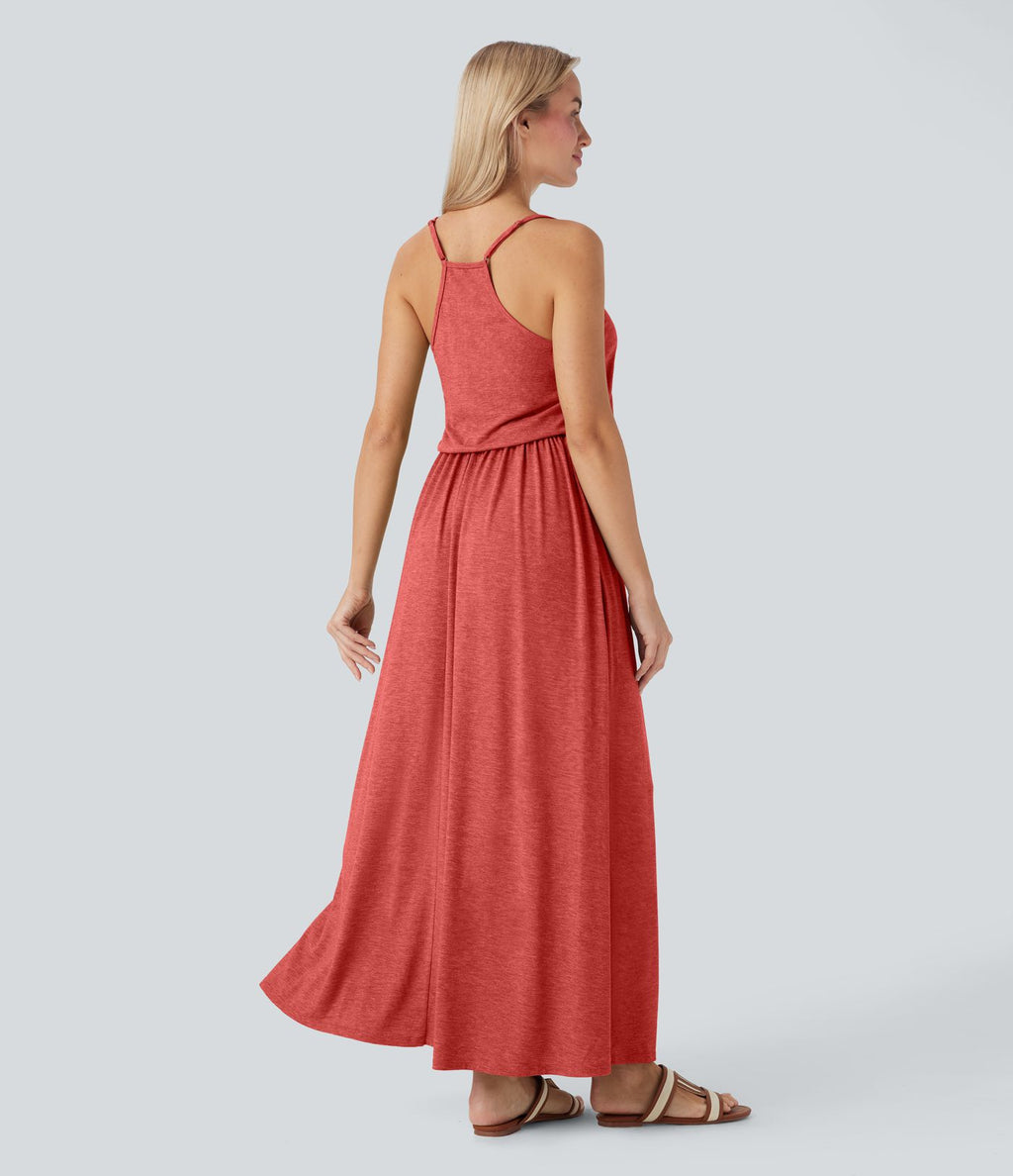 Robe longue fluide type nuisette à bretelles ajustables avec poches
