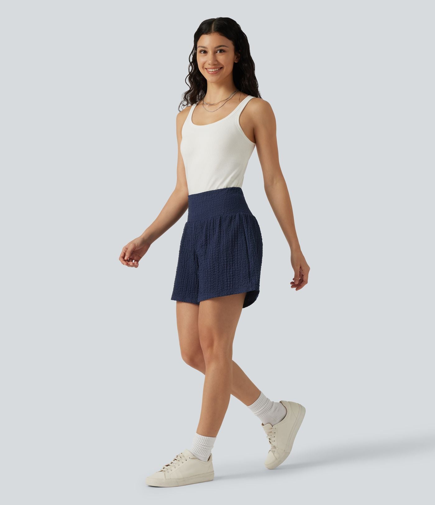 Short baggy 2-en-1 casual en tissu froissé taille haute avec poches