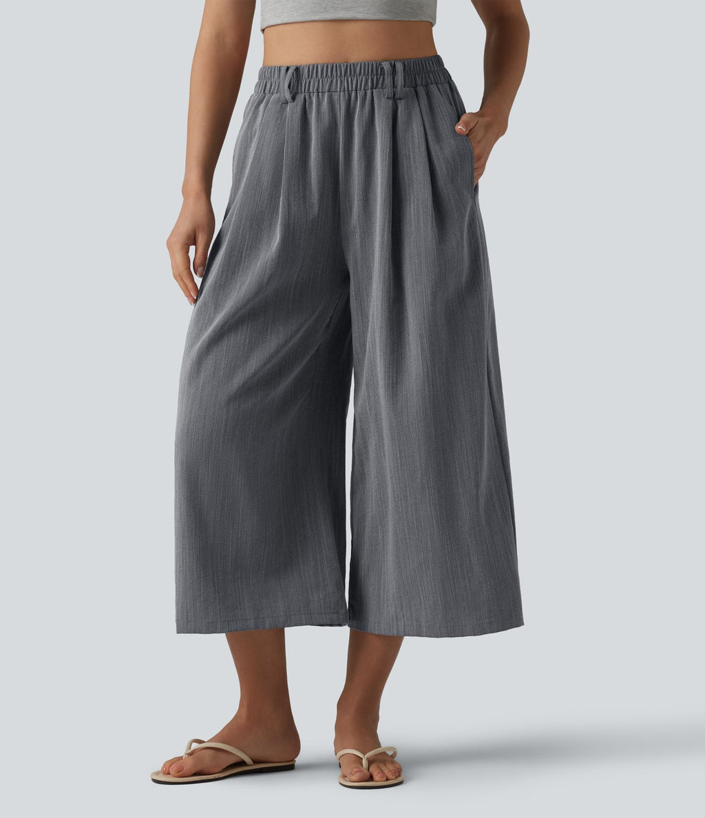 Pantalon large court casual taille haute avec ceinture aspect lin et poches