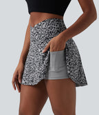 Jupe-short de tennis mini taille haute croisée imprimé léopard avec poches