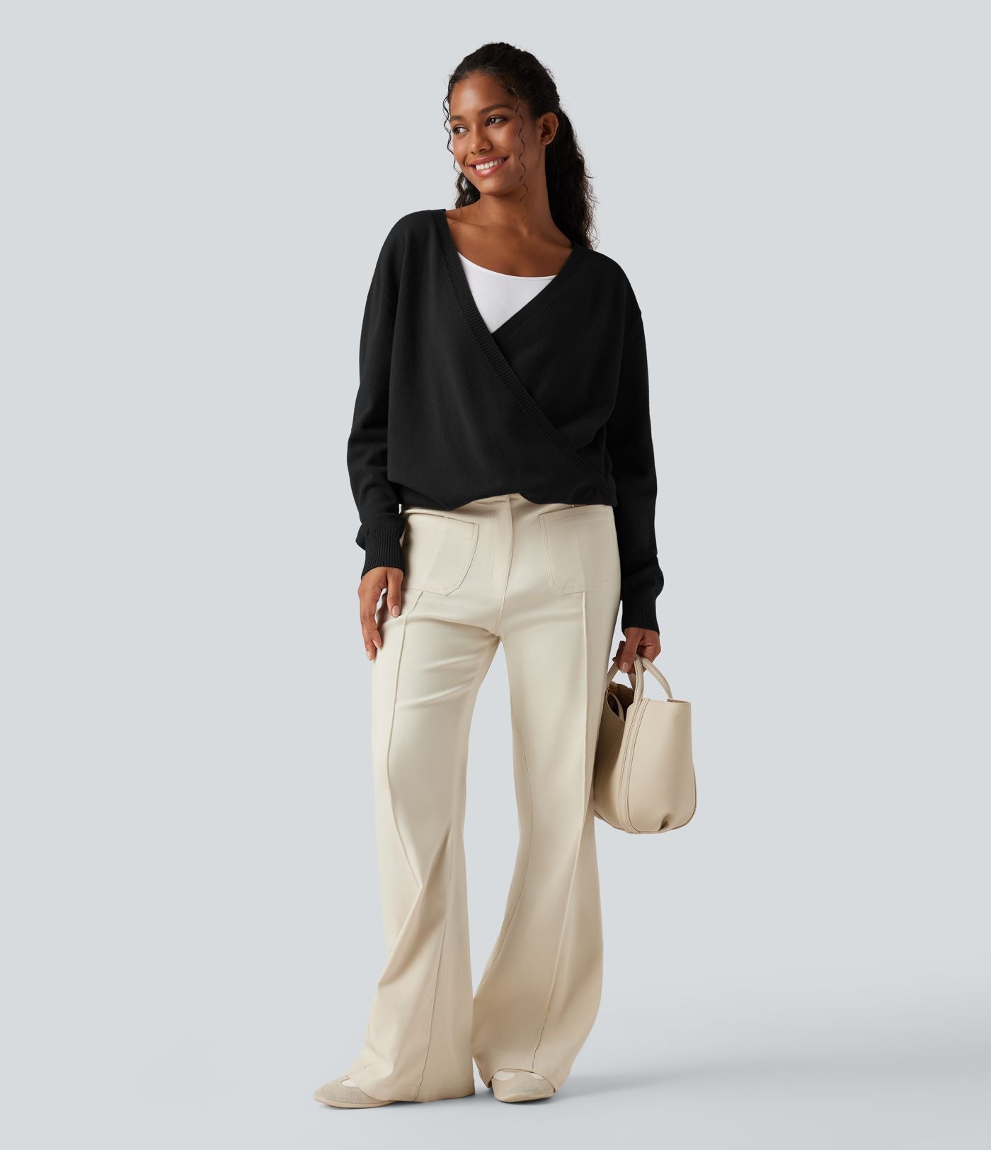 Pull décontracté réversible effet cache-cœur à décolleté en V et manches longues
