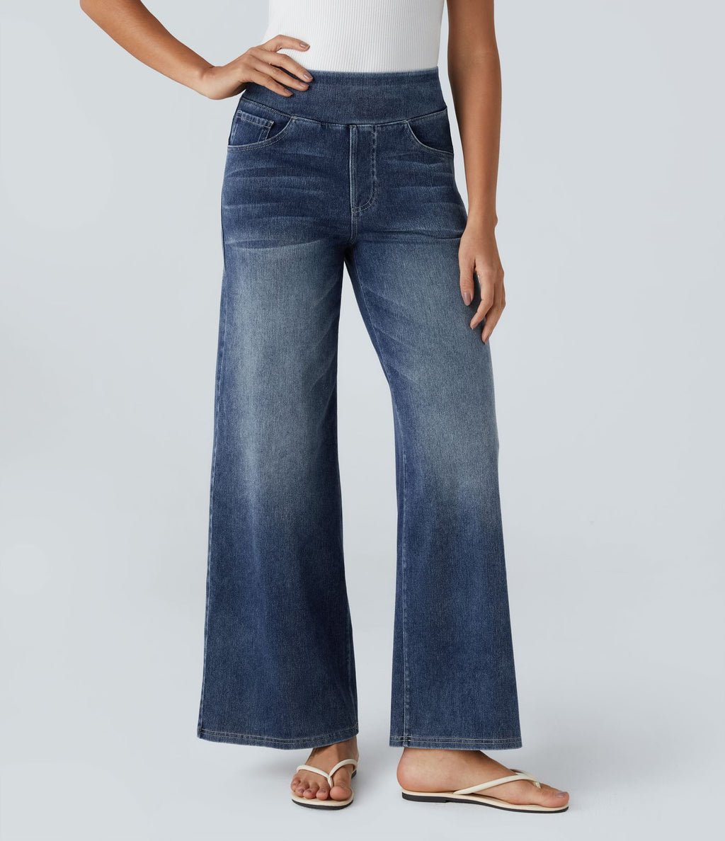 Halara Flex™ Jean Large Casual Taille Haute Poches Multiples Tricot Extensible Délavé
